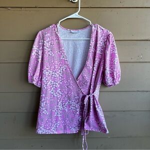 Charter Club Top Women's Medium Pink Floral Wrap Front Knit
